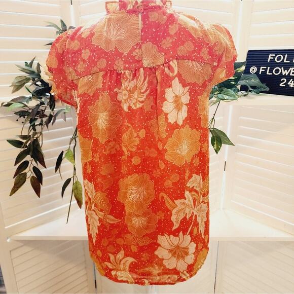 JOIE BOHO RUFFLE FORAL ORANGE RUST AND CREAM BLOUSE SIZE MED - Picture 4 of 6
